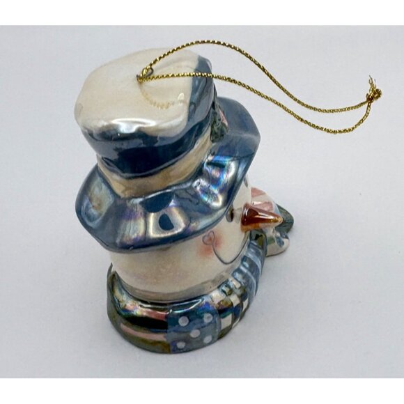 Vintage Ceramic Snowman Head Christmas Tree Ornament Iridescent Finish Blue Hat - Picture 5 of 8